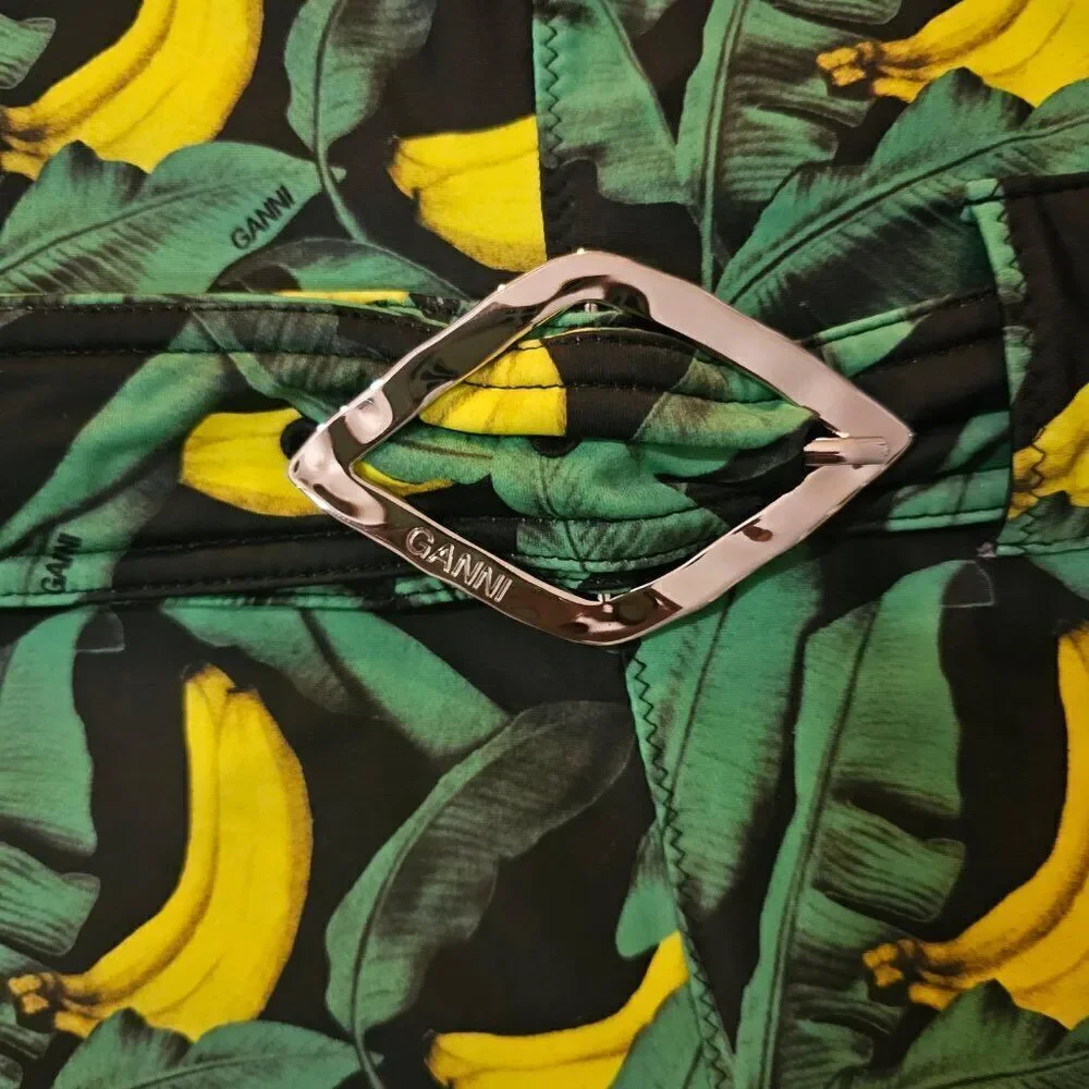 Ganni Women's Green Banana Tree-Print Recycled Belted One-Piece Swimsuit Size 52